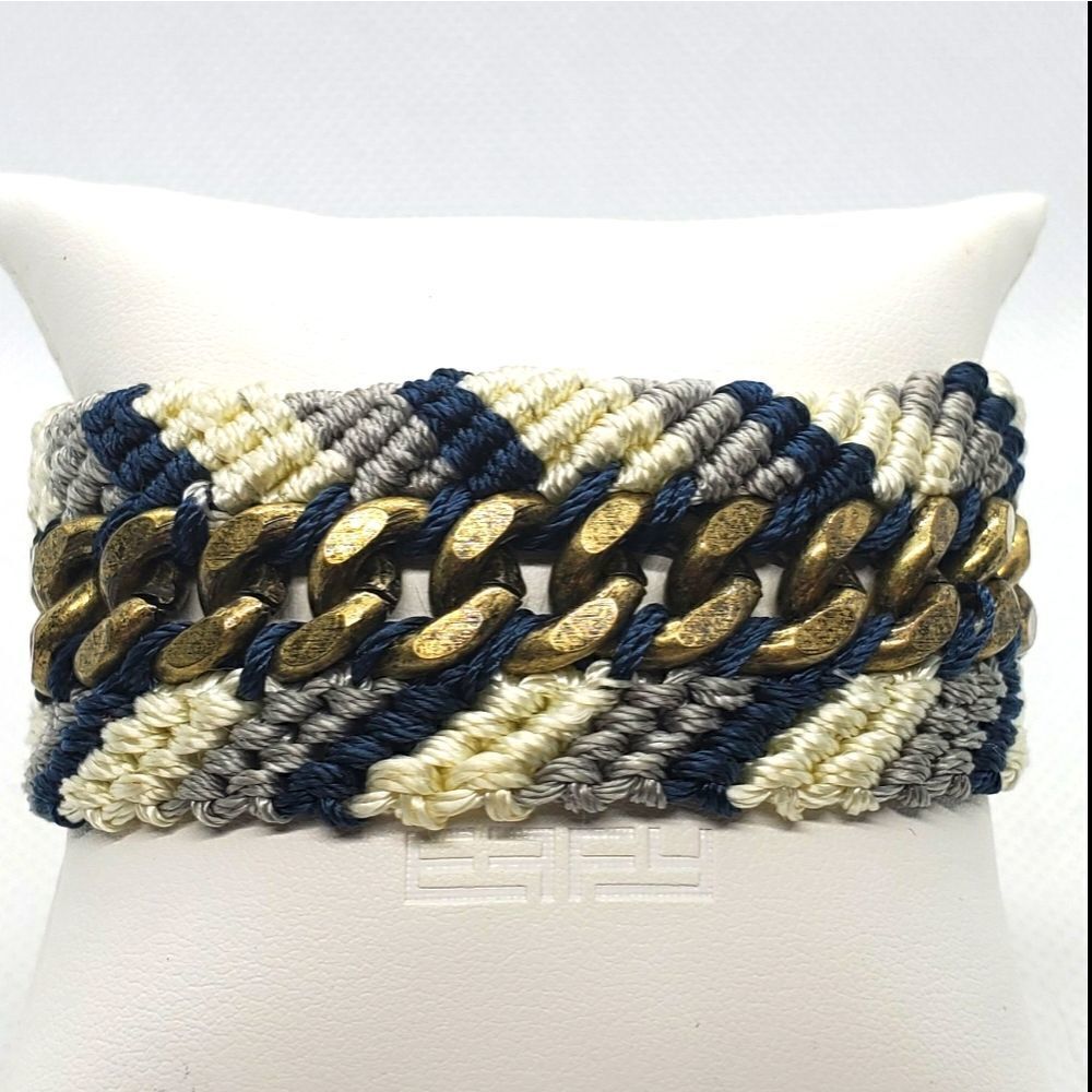 Loft Blue, White Braided & Gold Tone Chain Bracelet
